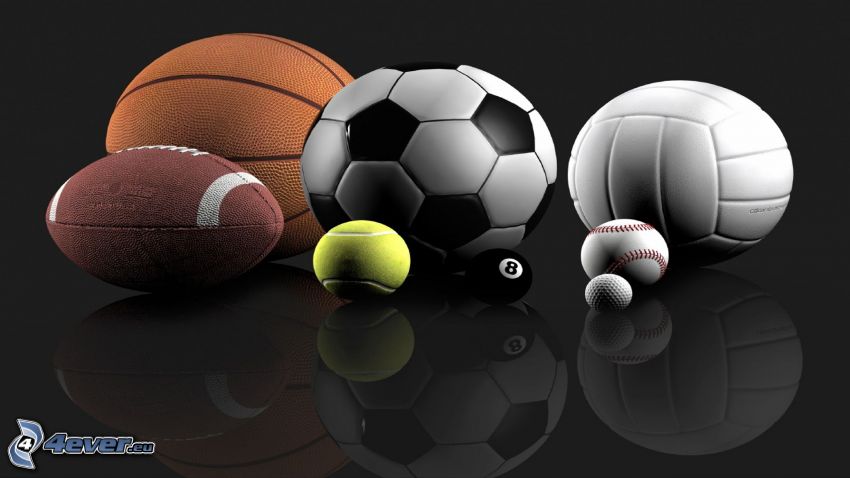 ballon de football, basket-ball, balle de tennis, balle de golf, boules de billard