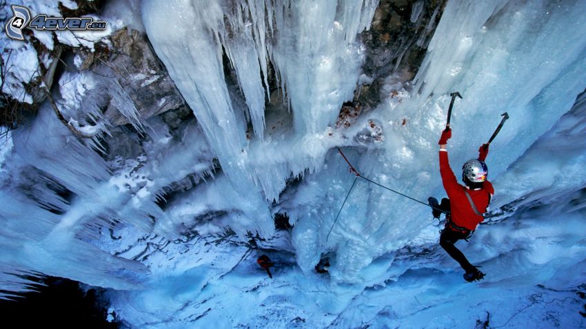 grimpeur, neige, stalactite de glace