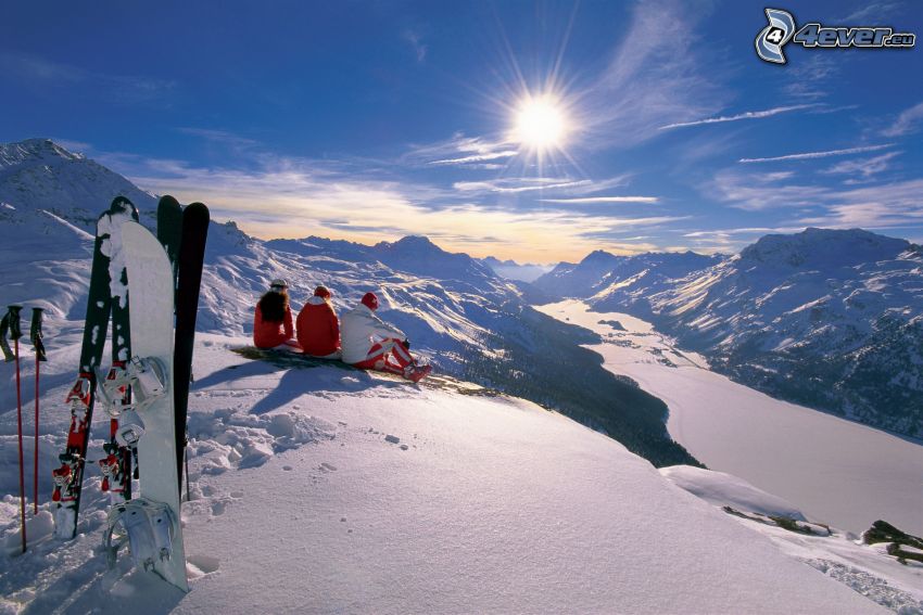 pente, skieurs, paysage enneigé, soleil