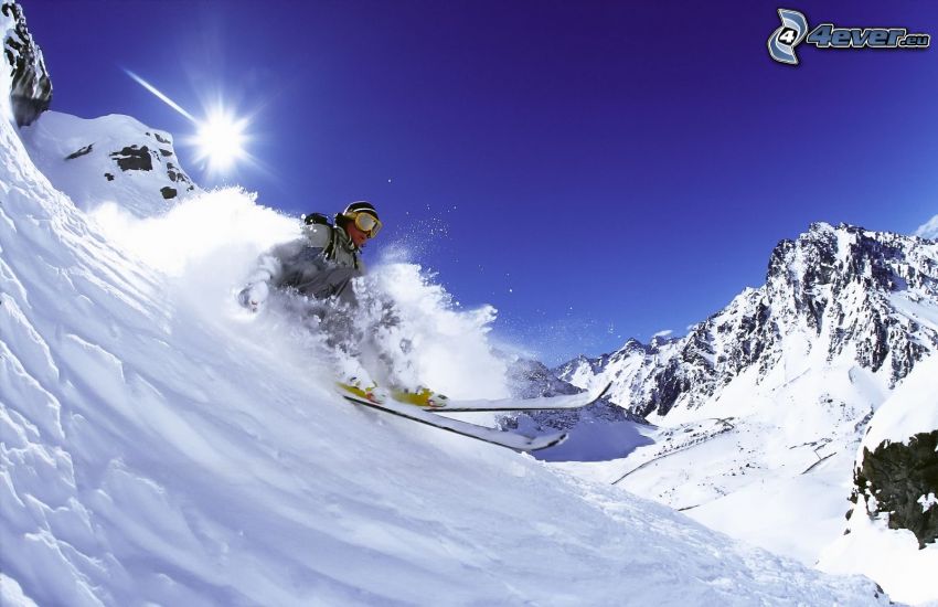 ski extrême, neige, soleil, collines enneigées