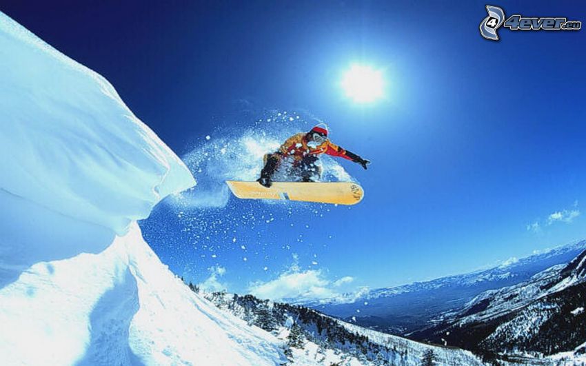 snowboard saut, montagnes, neige, soleil