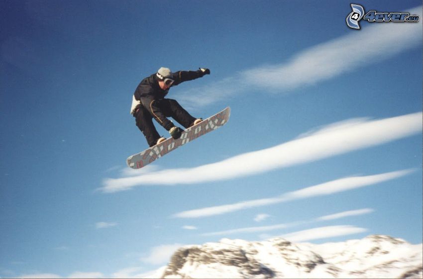 snowboard saut, neige, ciel, montagnes