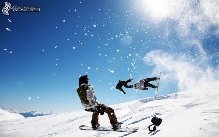snowboard saut, snowboarders, neige