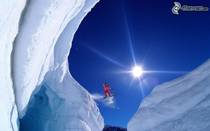 snowboarder, falaise, neige, soleil
