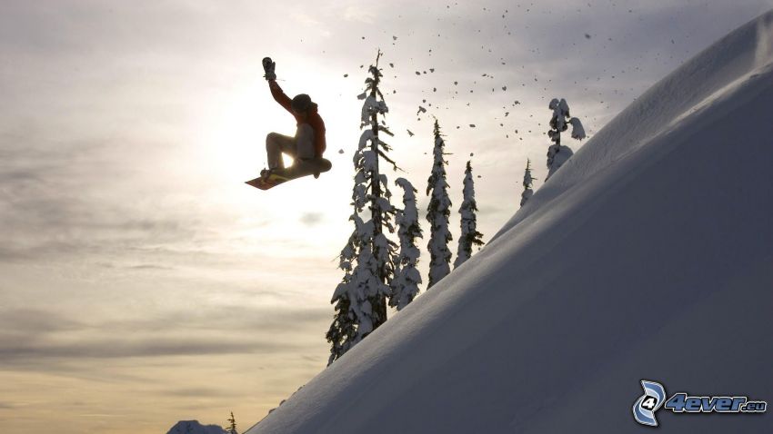 snowboarding, coucher du soleil en hiver, neige, pente