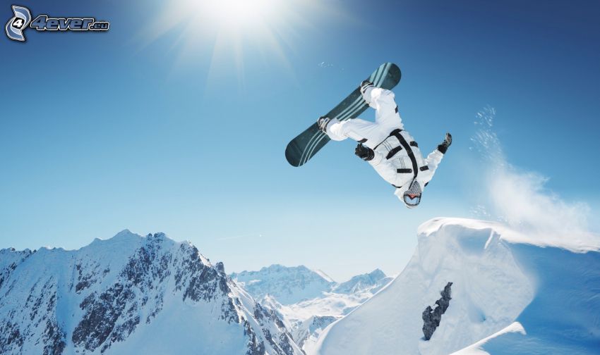 snowboarding, saut, collines enneigées, soleil