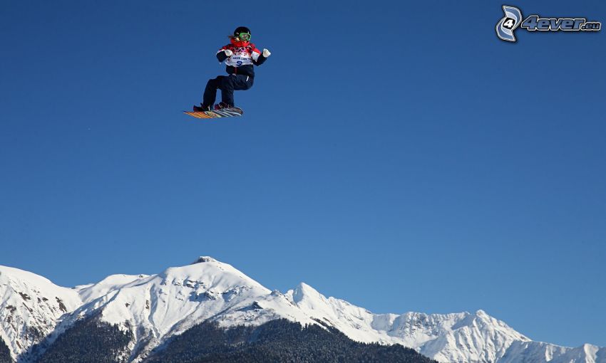 snowboarding, saut, montagnes enneigées
