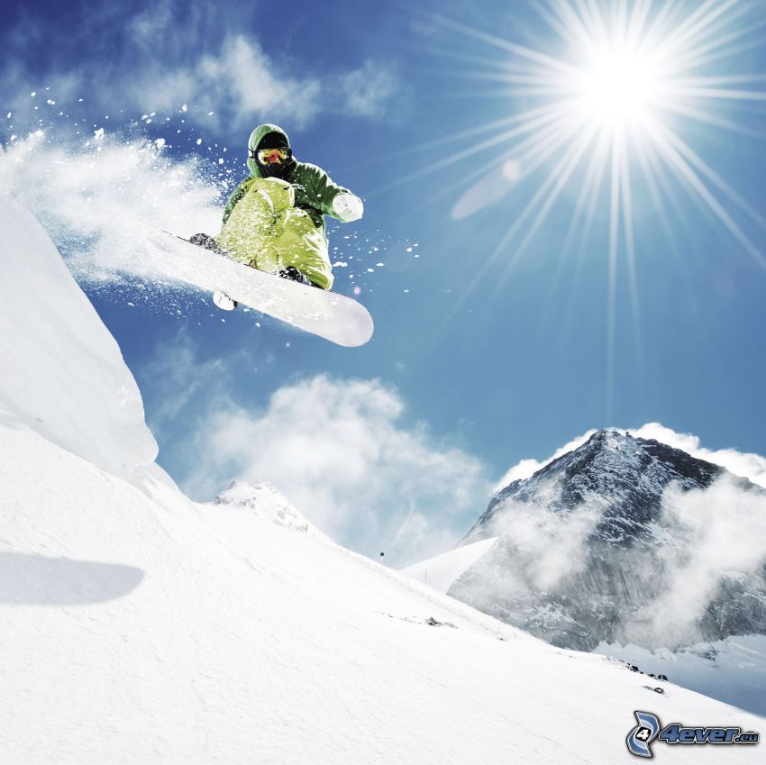 snowboarding, saut, soleil