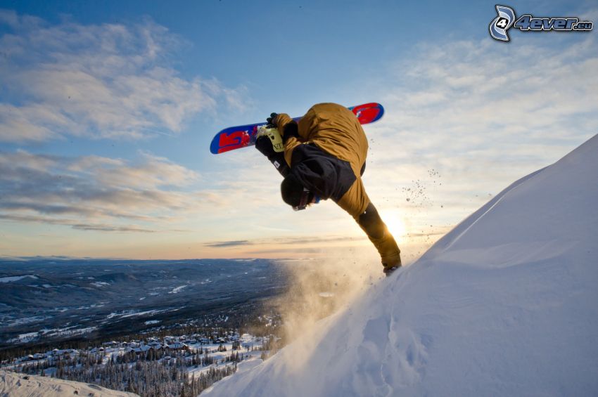 snowboarding, saut, vue sur le paysage