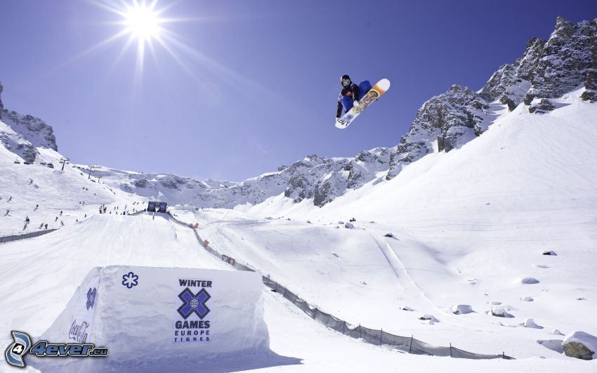 snowboarding, soleil, saut