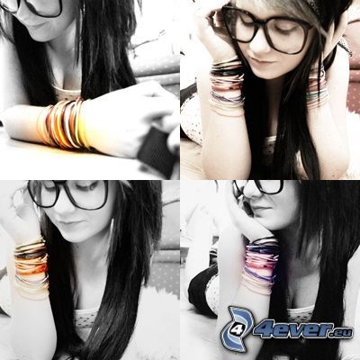 fille avec des lunettes, bracelets, collage