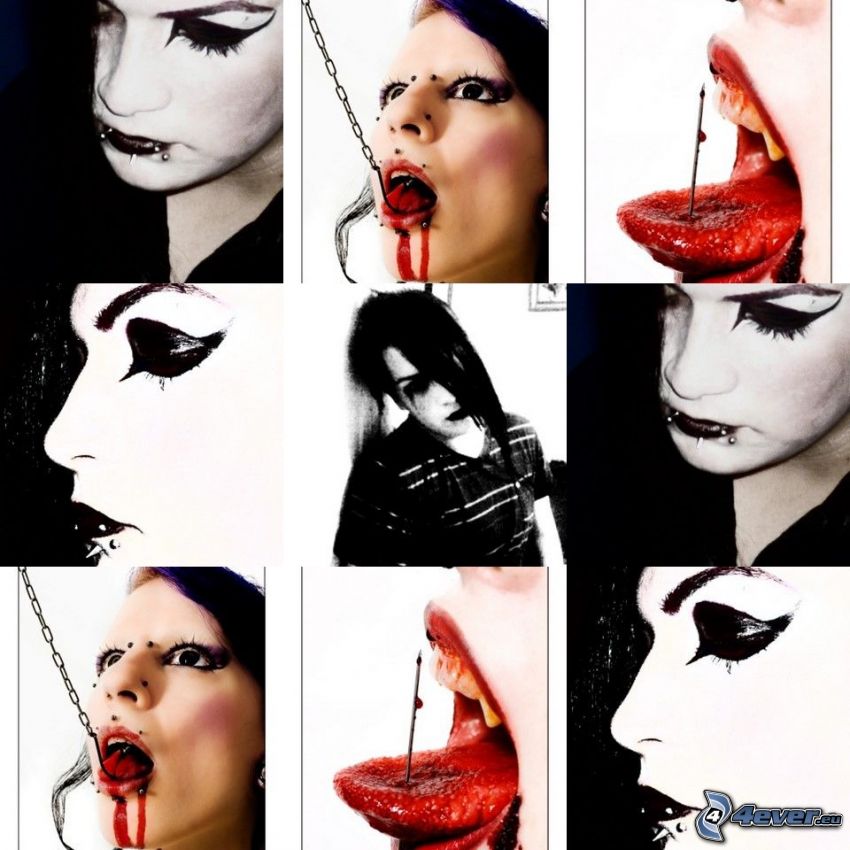 gothique, lèvres, sang, langue, piercing, collage