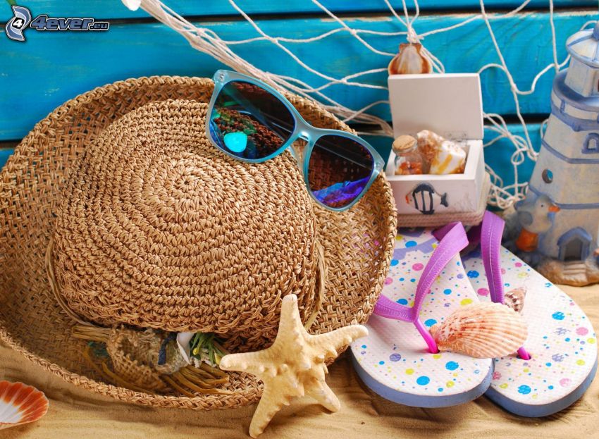objets, chapeau, lunettes de soleil, les sandales, coquillages, étoile de mer