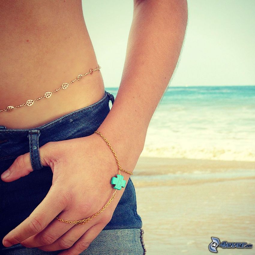 bracelet, main, jeans, plage, ouvert mer