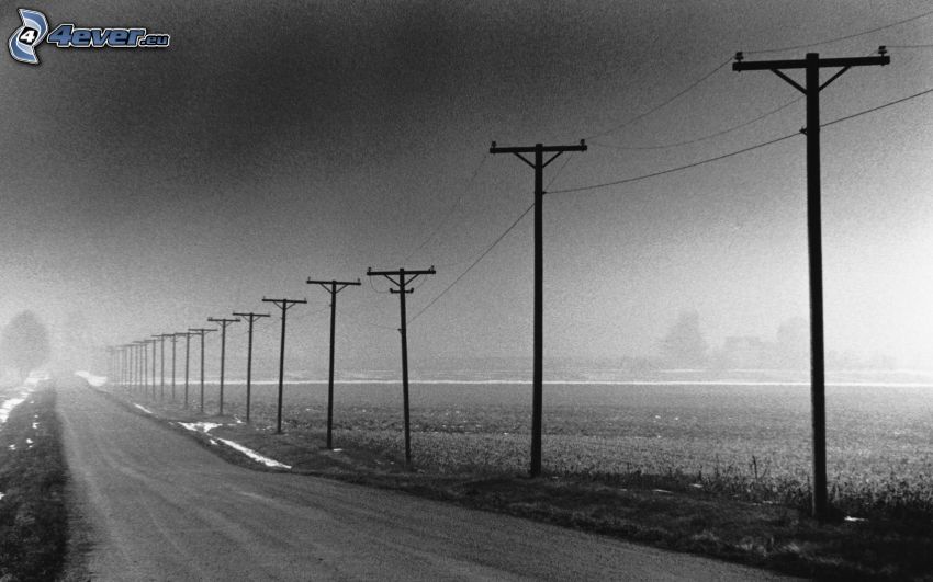 le câblage électrique, route, photo noir et blanc