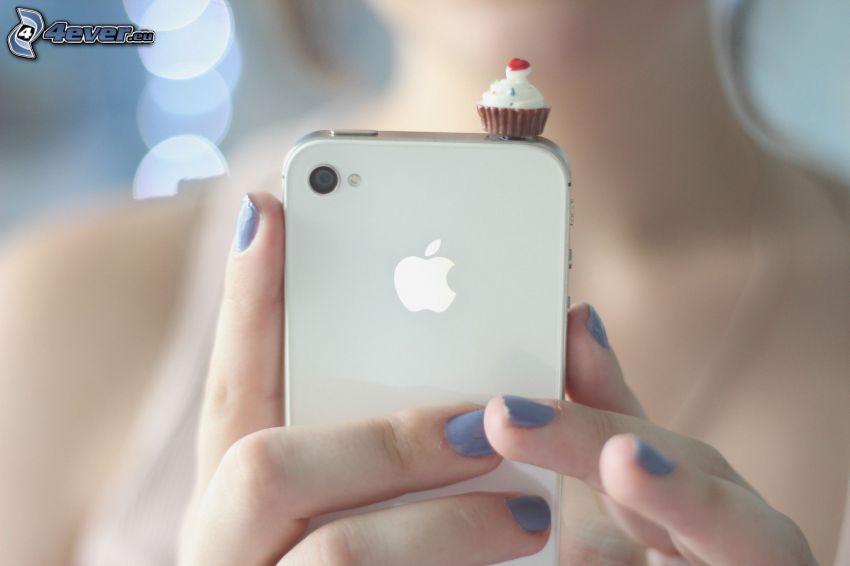 mobile, Apple, gâteau, doigts