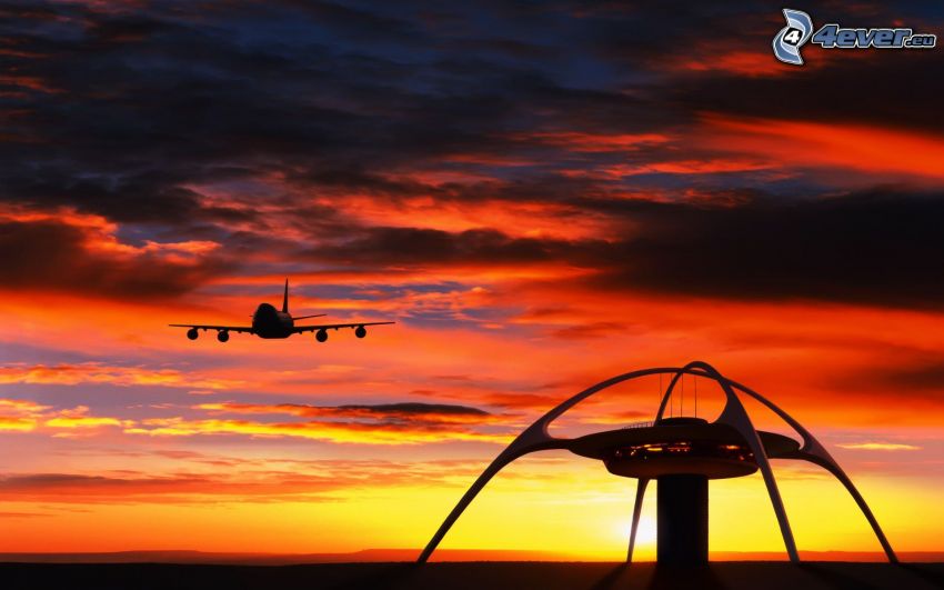 tour de contrôle, atterrissage, Boeing 747, avion grimper au coucher du soleil