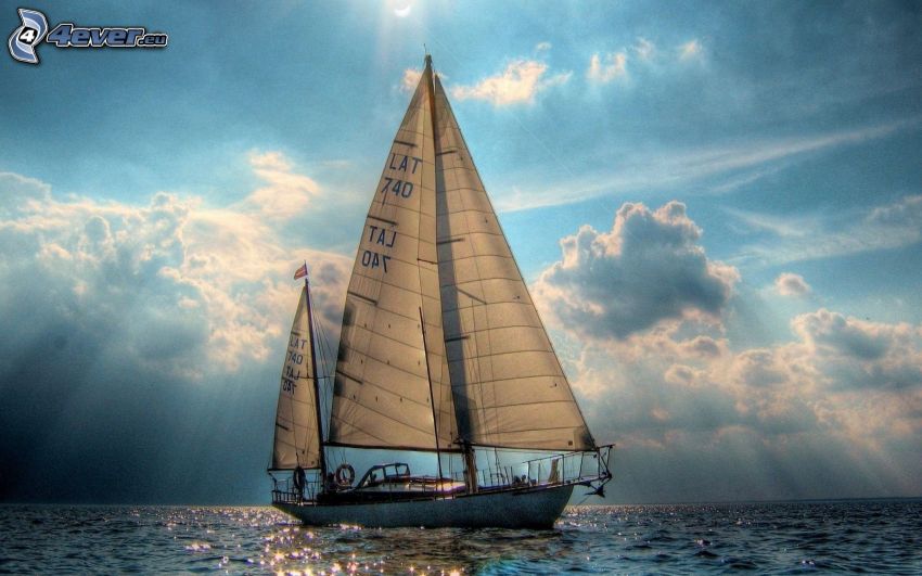 bateau à voile, mer, rayons du soleil