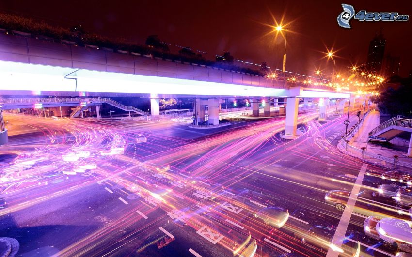 croisement des routes, lumières, circulation, sous le pont, ville dans la nuit