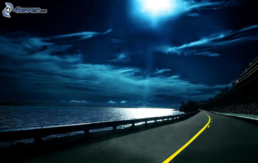 route de nuit, lune, ciel de la nuit