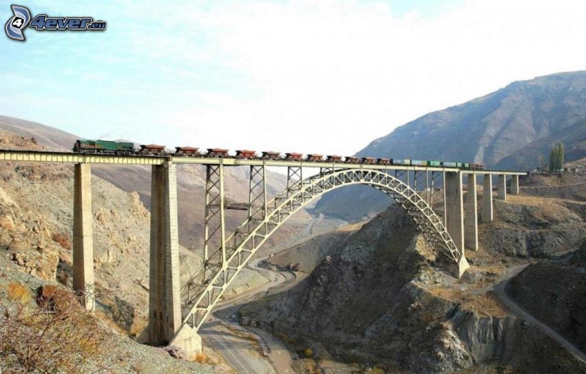 pont de chemin de fer, train, route, vallée