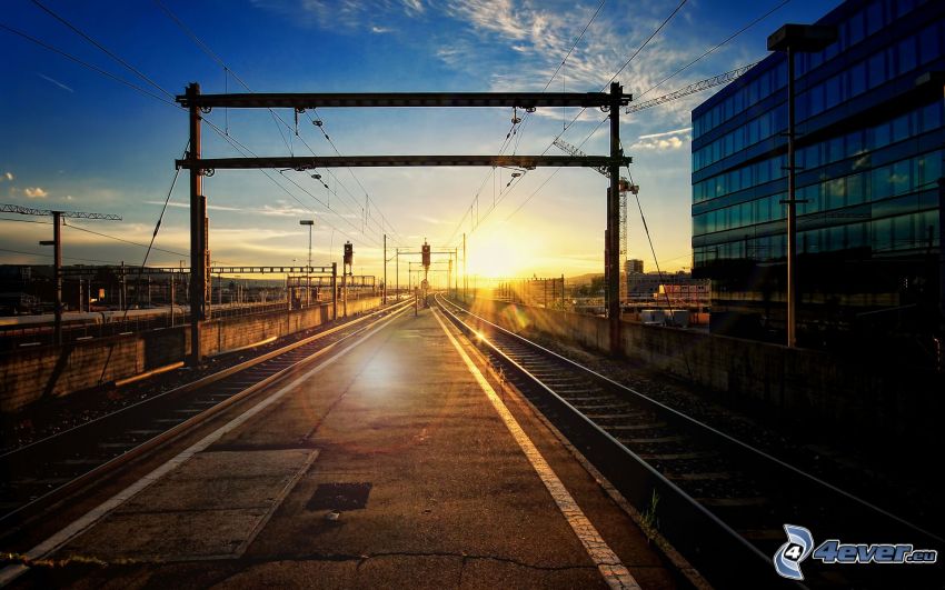 rails, chemins de fer, coucher du soleil