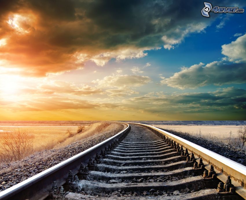 rails, neige, nuages, coucher du soleil, tournant