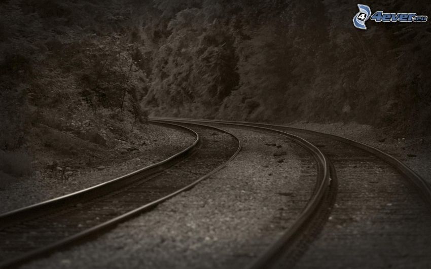 rails, tournant, noir et blanc
