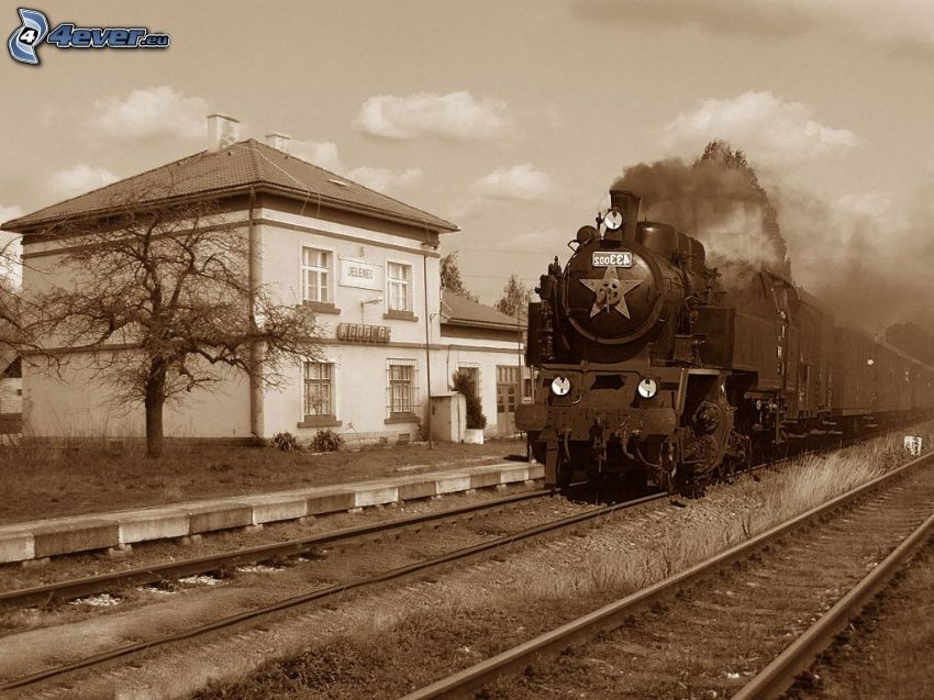 train à vapeur, gare, Jelenec, chemins de fer