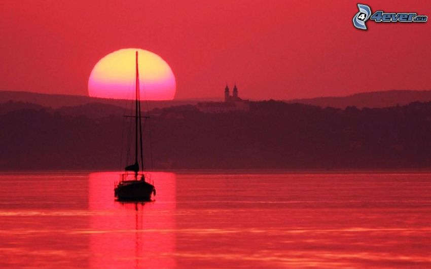 yacht, navire, coucher du soleil rouge