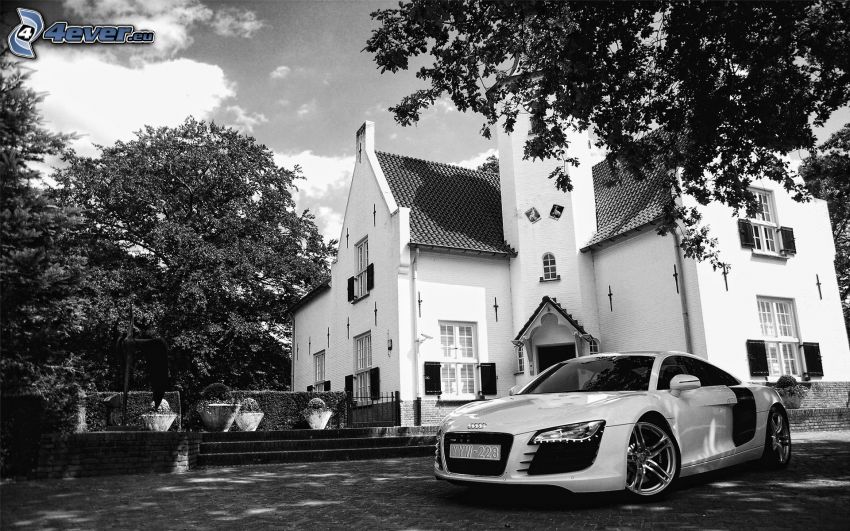 Audi R8, église, noir et blanc