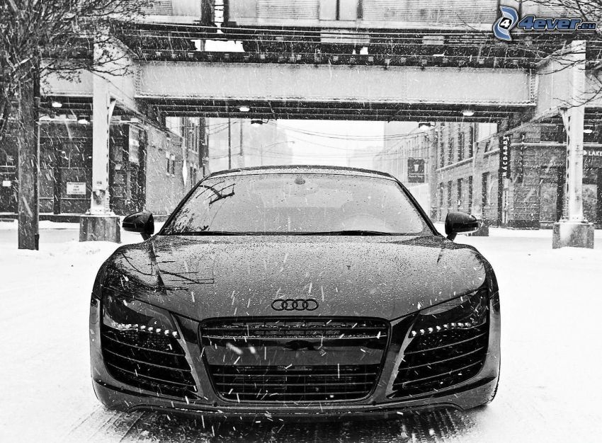 Audi R8, neige, bâtiment, noir et blanc