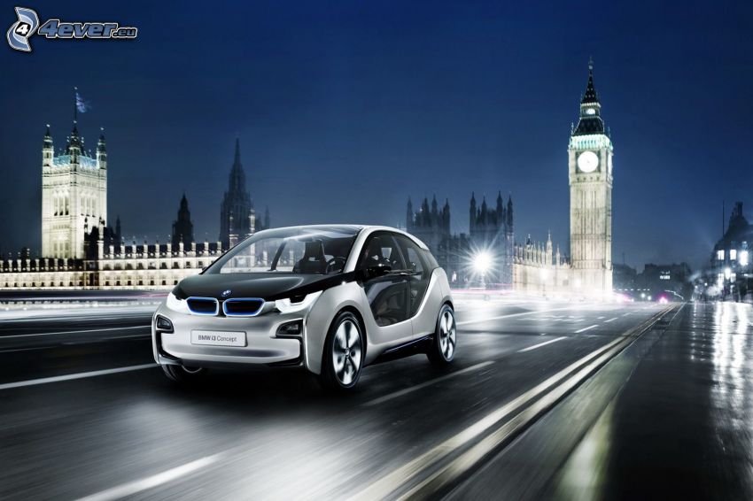 BMW i3 Concept, ville dans la nuit, route, Big Ben