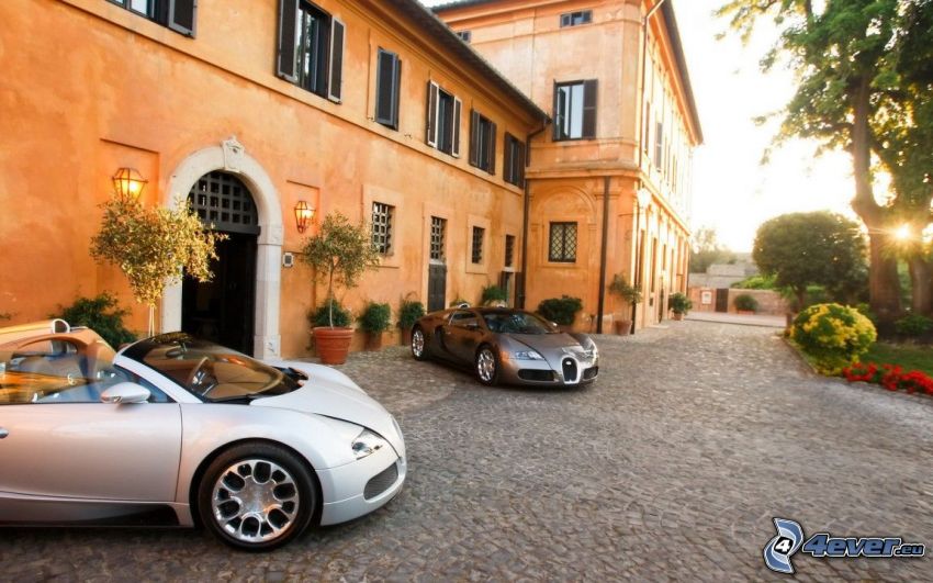 Bugatti Veyron, cabriolet, maison, pavage