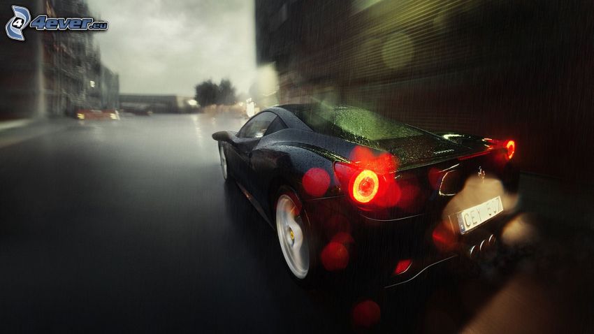 Ferrari 458 Italia, ville de nuit, la vitesse, pluie