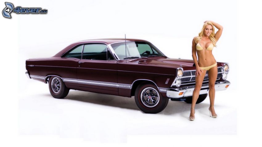Ford, automobile de collection, femme sexy en bikini