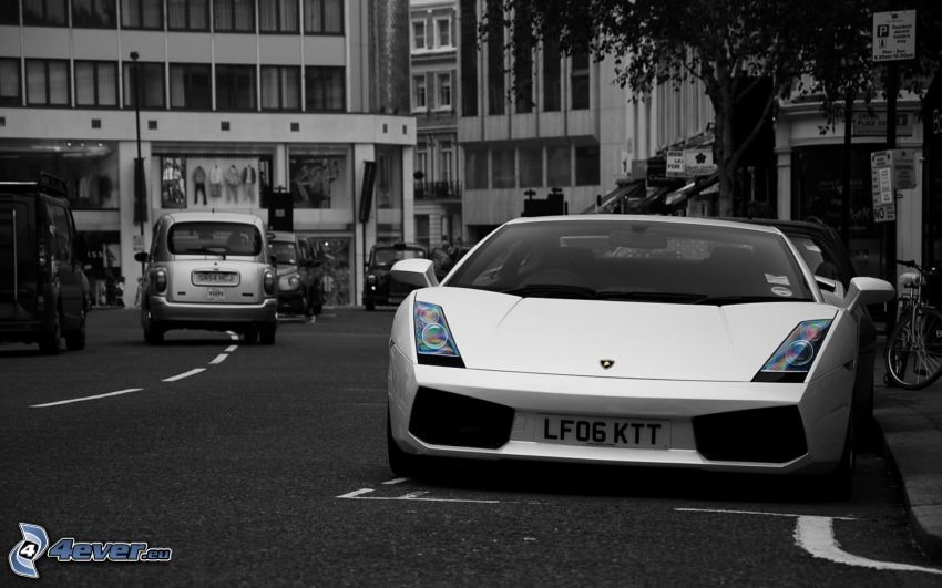 Lamborghini, rue, noir et blanc