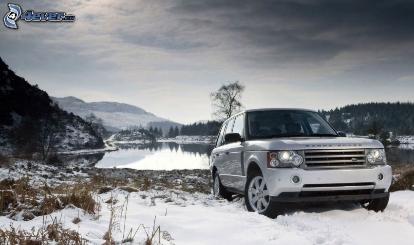 Land Rover DC100, lac, neige, montagne, ciel