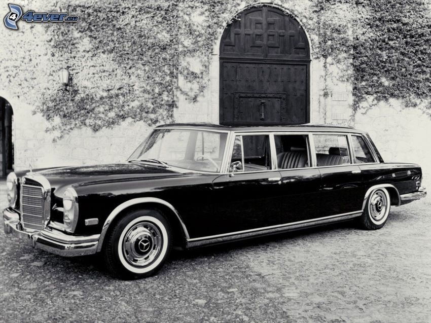 Mercedes, limousine, automobile de collection, maison, noir et blanc