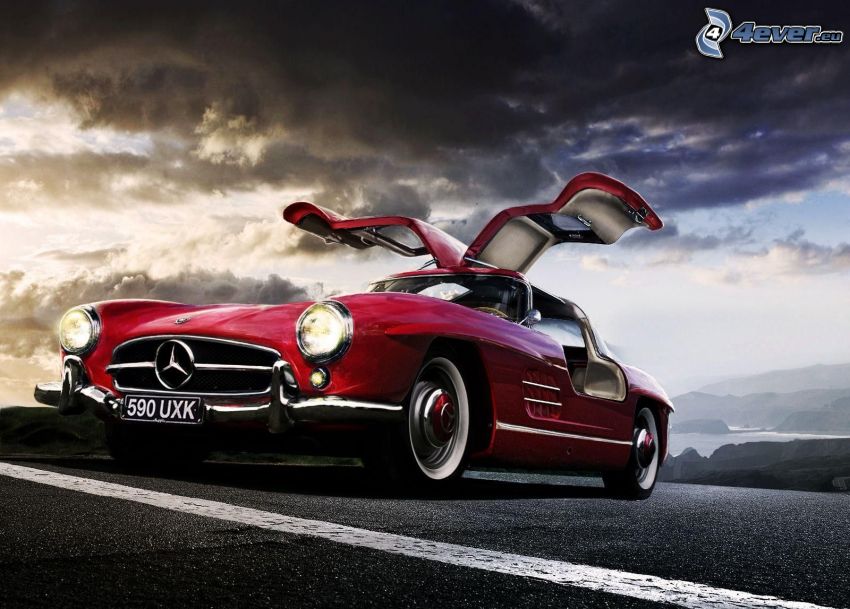 Mercedes-Benz SL, automobile de collection, porte, nuages