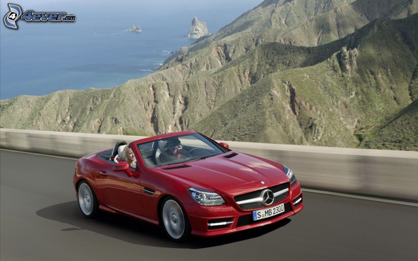 Mercedes-Benz SLK, cabriolet, collines, mer