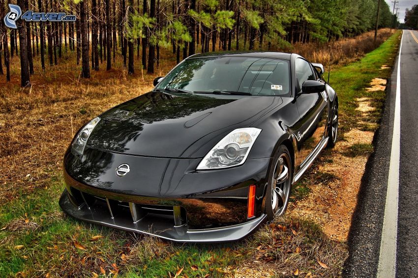 Nissan 350Z, forêt, route, HDR