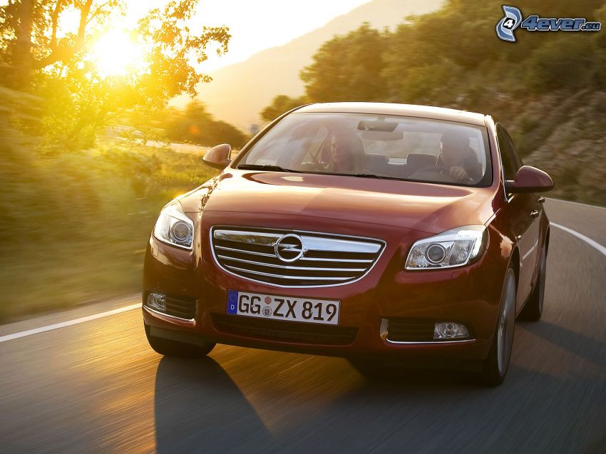 Opel Insignia, coucher du soleil, la vitesse, tournant
