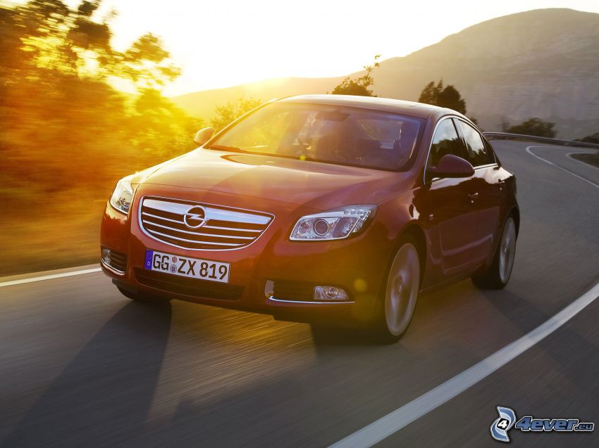 Opel Insignia, coucher du soleil, route, tournant