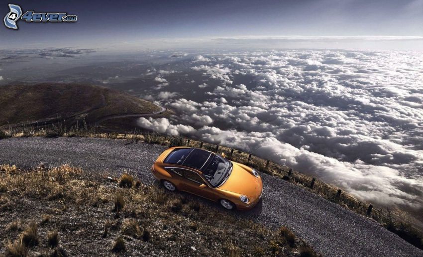 Porsche, route, nuages