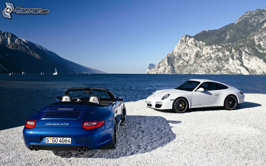 Porsche 911, lac, rochers