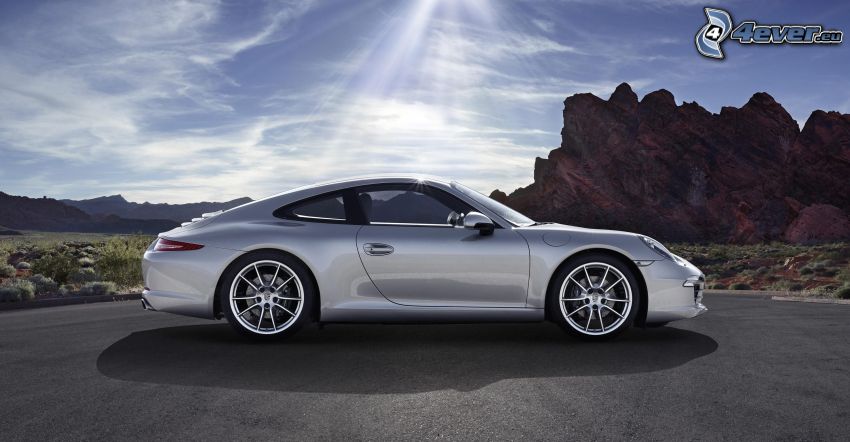Porsche 911, rayons du soleil, rochers