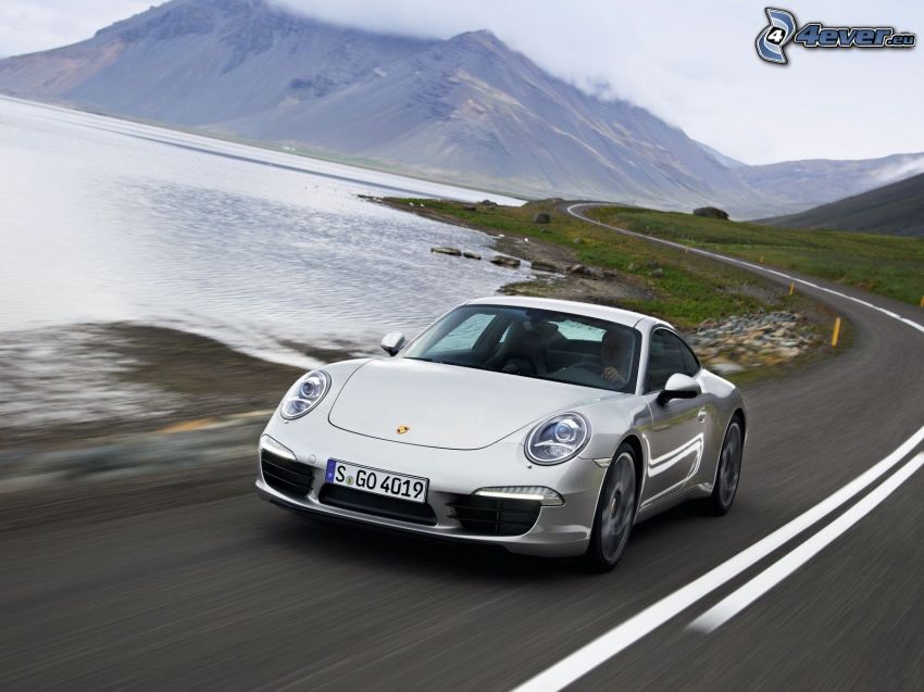 Porsche 911, route, lac, montagnes