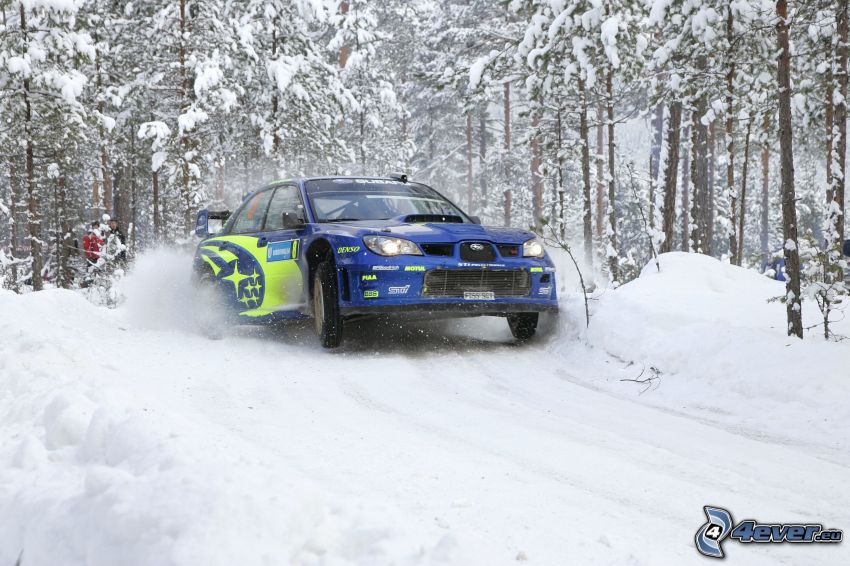 Subaru Impreza WRC, forêt enneigée, terrain, neige