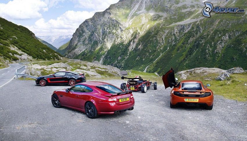 voitures, montagne rocheuse, Jaguar XK, Ford Mustang